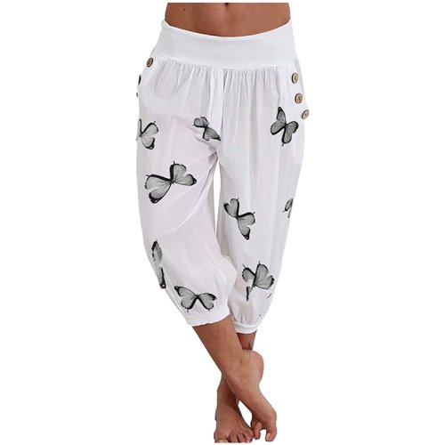 Ladies Summer Fashion Loose Trousers Elastic Butterfly Print Women High Waist Harem Pants, Blanc / M