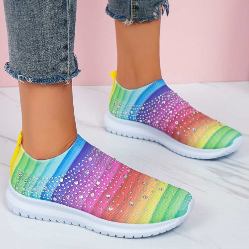 Armadadeals - Womens fashion rhinestone breathable slip on sneakers comfortable running walking platform casual shoes - rainbow / 37