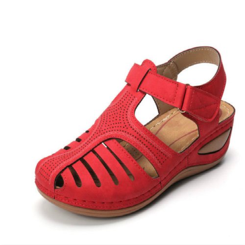 Womens Summer Hollow Closed Toe Wedge Sandals Casual Non-Slip Beach Leather Ankle Strap Vintage Platform Roman Shoes - Red / 38