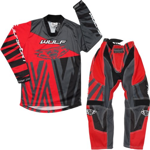 Wulf Ventuno Cub Kids Motocross Jersey & Pants Red Grey Kit - 11 - 13 years, Red