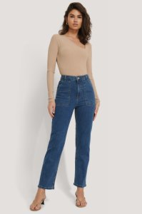 NA-KD Big Pocket Straight Jeans - Blue