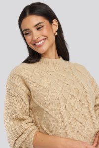 NA-KD Cable Knitted Balloon Sleeve Sweater - Beige