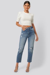 NA-KD High Waist Straight Destroyed Jeans - Blue