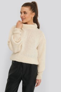 NA-KD Puff Sleeve Wide Neck Knitted Sweater - White