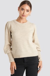 NA-KD Puff Sleeve Wide Rib Knitted Sweater - Beige