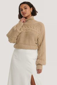 NA-KD Trend High Neck Cable Detail Knitted Sweater - Beige