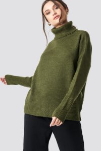 NA-KD Trend Highneck Wide Rib Long Sweater - Green
