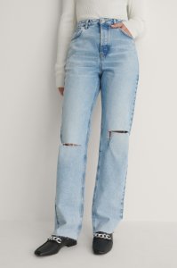 NA-KD Trend Højtaljede Jeans Med Lige Ben Og Åbent Knæ - Blue