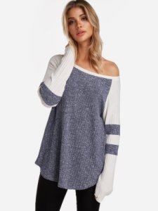 Blue Knitting Design Stripe Round Neck Long Sleeves T-shirts