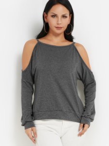 Grey Cut Out Cold Shoulder Round Neck Long Sleeves Loose T-shirt
