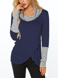 Navy Roll Neck Stripe Details Overlay Front T-shirts
