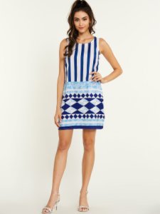 YOINS White Geo Print Stripe Round Neck Sleeveless Dress