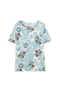 Pull&bear Femme T-shirt à Imprimé Floral All Over Dinspiration Rétro, Col Rond Et Manches Courtes. Bleu Xs
