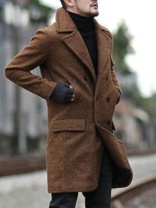 Button Lapel Plain Mid-Length Style Double-Breasted Mens Coat