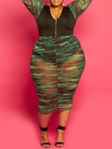 Camouflage Pleated Plus Size Skirt Pencil Womens Two Piece Sets