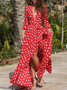 Floor-Length Split V-Neck Long Sleeve Sexy Womens Maxi Dress