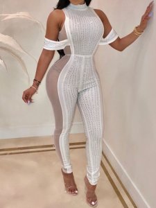 Full Length Party/Cocktail Plain See-Through Pencil Pants Womens Jumpsuit