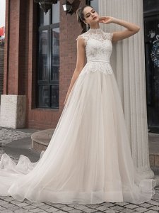 High Neck Belt Lace Outdoor Wedding Dress 2020