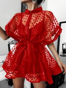 Lapel Polka Dots Regular Lace-Up Half Sleeve Womens Blouse