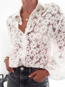 Lapel Standard Lace Long Sleeves See-Through Womens Blouse