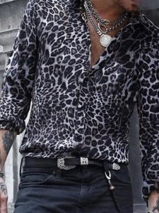 Leopard Lapel Casual Print Single-Breasted Mens Shirt