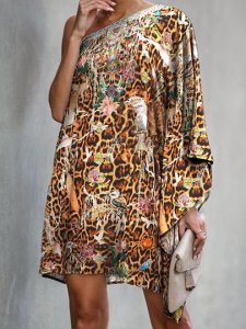 Leopard Print Long Sleeve Above Knee Oblique Collar Batwing Sleeve Womens Dress