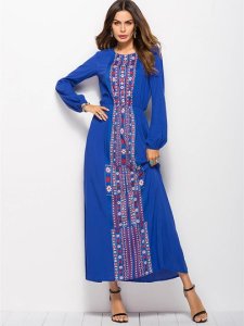 Long Sleeve Ethnic Pattern Womens Maxi Dress