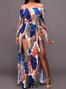 Long Sleeve Print Off Shoulder Summer Womens Maxi Dress