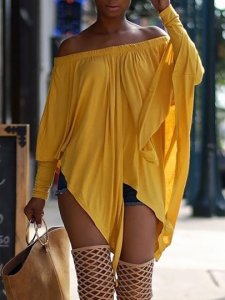Mid-Length Asymmetric Plain Off Shoulder African Fashion Womens T-Shirt
