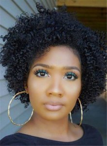 Natural Black Kinky Curly Short African American Human Hair Lace Front Cap Wigs 10 Inches