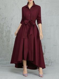 Nine Points Sleeve Asymmetric Ankle-Length Lapel Plain Womens Dress