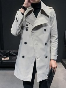 Notched Lapel Mid-Length Plain Casual Mens Trench Coat