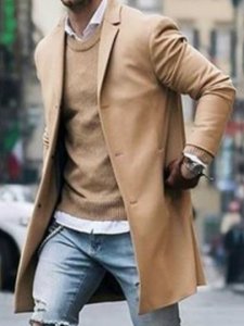 Notched Lapel Mid-Length Plain Color Casual Mens Coat