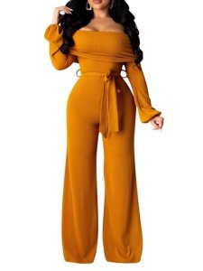 Off Shoulder Plain Full Length Sexy Lace-Up Loose Womens Jumpsuit