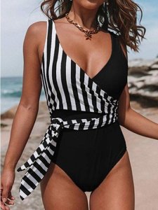 One Piece Lace-Up Stripe Color Block Womens Swimwear