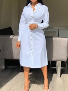 Polo Neck Long Sleeve Single-Breasted Womens Maxi Dress