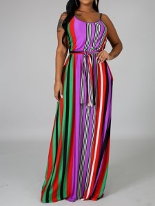 Print Floor-Length Sleeveless Lace-Up Stripe Womens Dress