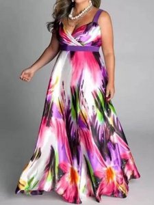 Print Floor-Length Sleeveless V-Neck Pullover Womens Maxi Dress