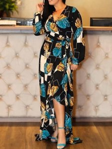 Print Long Sleeve V-Neck Color Block Womens Maxi Dress