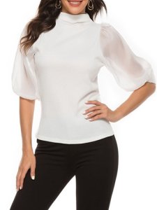 Puff Sleeve Slim Half Sleeve Standard Slim High Collar Womens T-Shirt