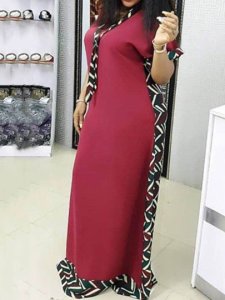 Short Sleeve Floor-Length V-Neck Patchwork Stripe Womens Dress