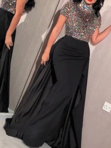 Short Sleeve Turtleneck Floor-Length Sequins Color Block Womens Dress