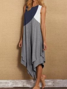Sleeveless Asymmetric Mid-Calf Round Neck Color Block Womens Dress