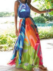 Sleeveless Color Block Print Halter Womens Maxi Dress