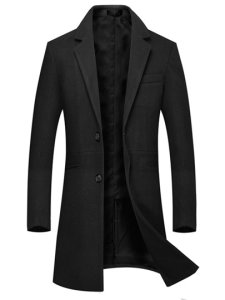 Slim Notched Lapel Mid-Length Plain Mens Woolen Coat