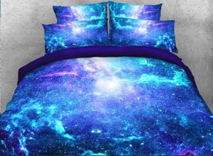 Space Galaxy Printed Cotton 4-Piece Fluorescent 3D Blue Bedding Sets/Duvet Covers