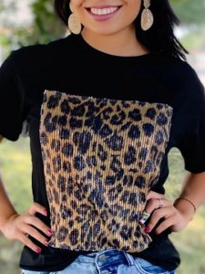 Standard Short Sleeve Round Neck Leopard Loose Womens T-Shirt