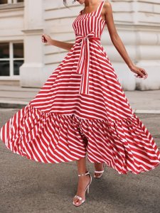 Stripe Print Color Block Sleeveless Summer Womens Maxi Dress