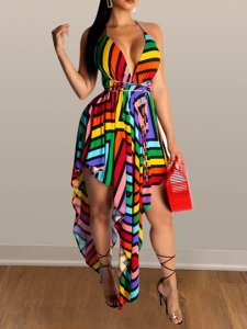 V-Neck Backless Spaghetti Strap Prints Womens Maxi Dress