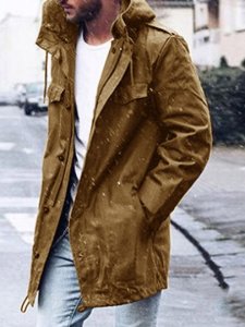 Zipper Hooded Plain Color Mid-Length Style Mens Trench Coat
